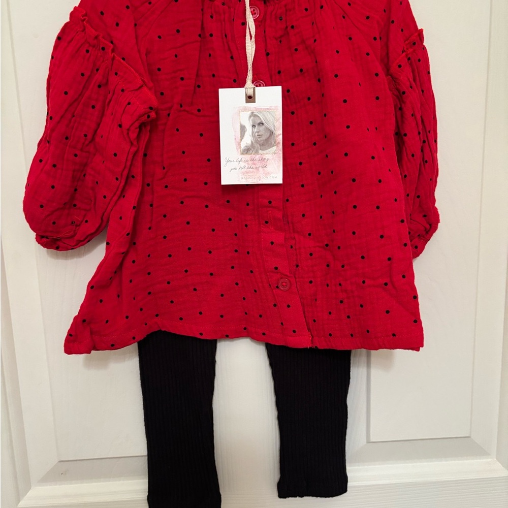 Red Polka Dot Blouse with Black Leggings